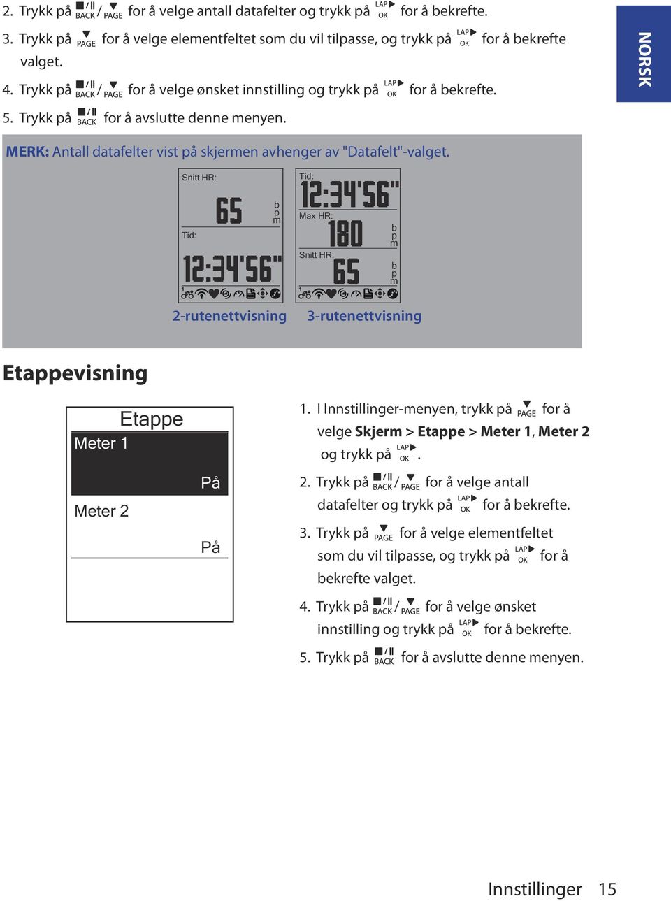 Snitt HR: Tid: Tid: 1 b p m Max HR: Snitt HR: 1 b p m b p m 2-rutenettvisning 3-rutenettvisning Etappevisning Etappe Meter 1 Meter 2 På På 1.