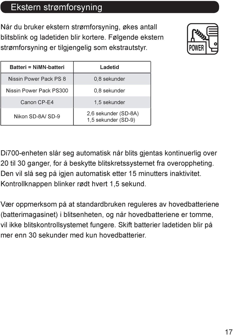 Di700-enheten slår seg automatisk når blits gjentas kontinuerlig over 20 til 30 ganger, for å beskytte blitskretssystemet fra overoppheting.