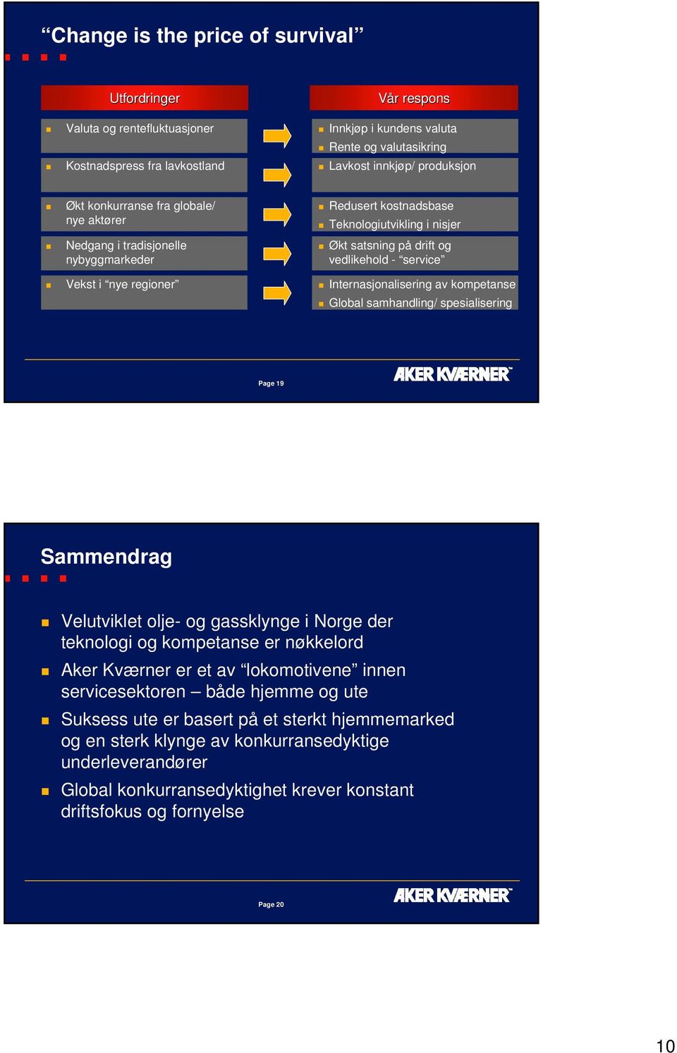 Internasjonalisering av kompetanse Global samhandling/ spesialisering Page 19 Sammendrag Velutviklet olje- og gassklynge i Norge der teknologi og kompetanse er nøkkelord Aker Kværner er et av