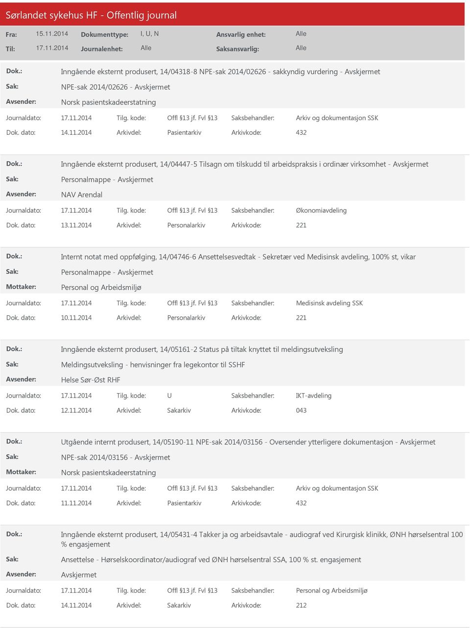 2014 Personalarkiv 221 Internt notat med oppfølging, 14/04746-6 Ansettelsesvedtak - Sekretær ved Medisinsk avdeling, 100% st, vikar Personalmappe - Medisinsk avdeling SSK 10.11.