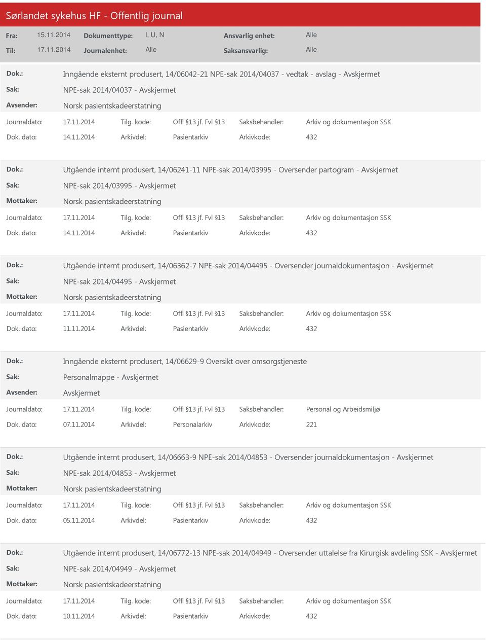 11.2014 Pasientarkiv 432 Inngående eksternt produsert, 14/06629-9 Oversikt over omsorgstjeneste Personalmappe - 07.11.2014 Personalarkiv 221 tgående internt produsert, 14/06663-9 NPE-sak 2014/04853 - Oversender journaldokumentasjon - NPE-sak 2014/04853-05.