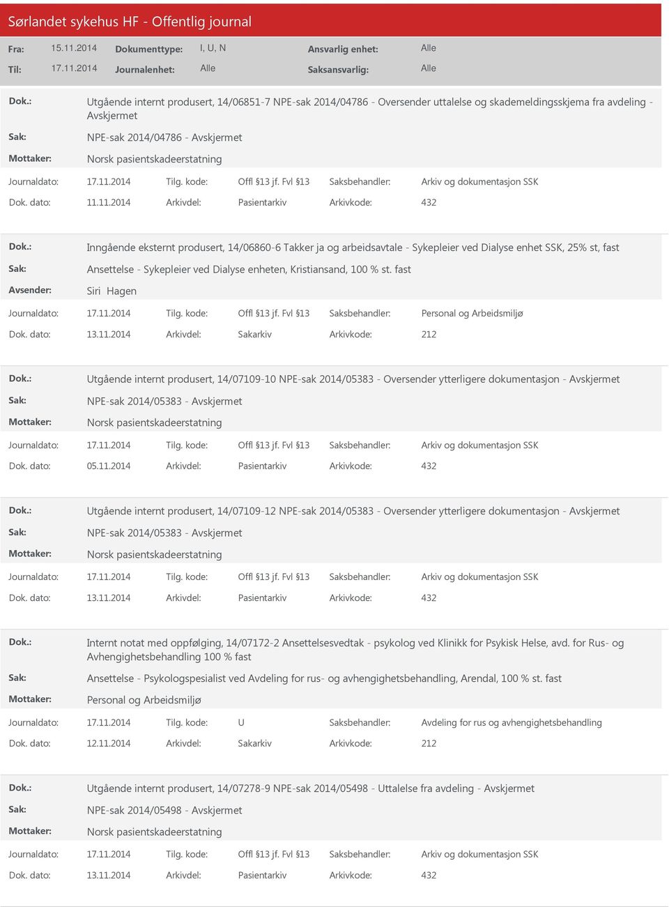 Kristiansand, 100 % st. fast Siri Hagen 13.11.2014 212 tgående internt produsert, 14/07109-10 NPE-sak 2014/05383 - Oversender ytterligere dokumentasjon - NPE-sak 2014/05383-05.11.2014 Pasientarkiv 432 tgående internt produsert, 14/07109-12 NPE-sak 2014/05383 - Oversender ytterligere dokumentasjon - NPE-sak 2014/05383-13.