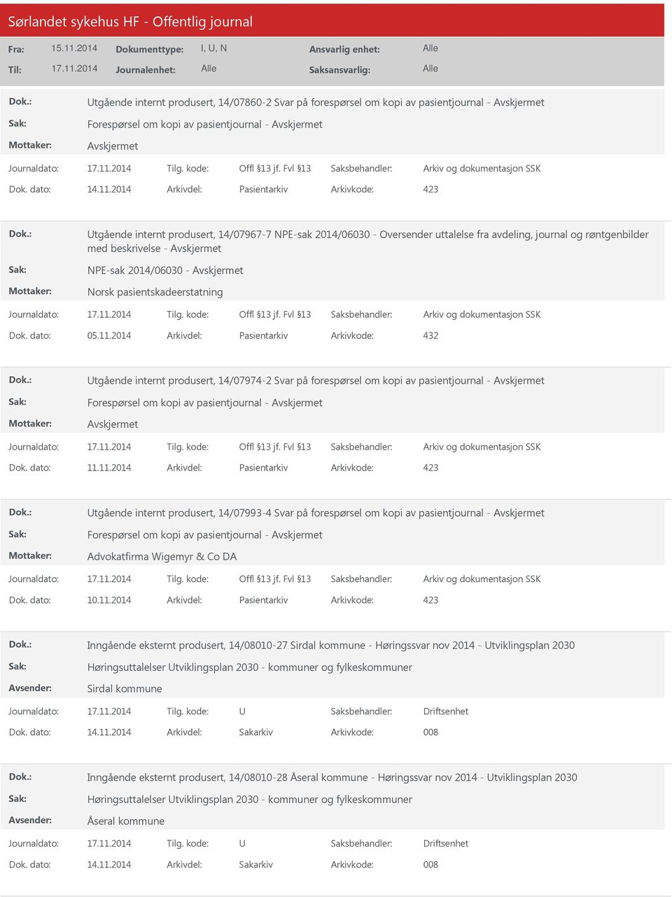 2014 Pasientarkiv 432 tgående internt produsert, 14/07974-2 Svar på forespørsel om kopi av pasientjournal - Forespørsel om kopi av pasientjournal - 11.