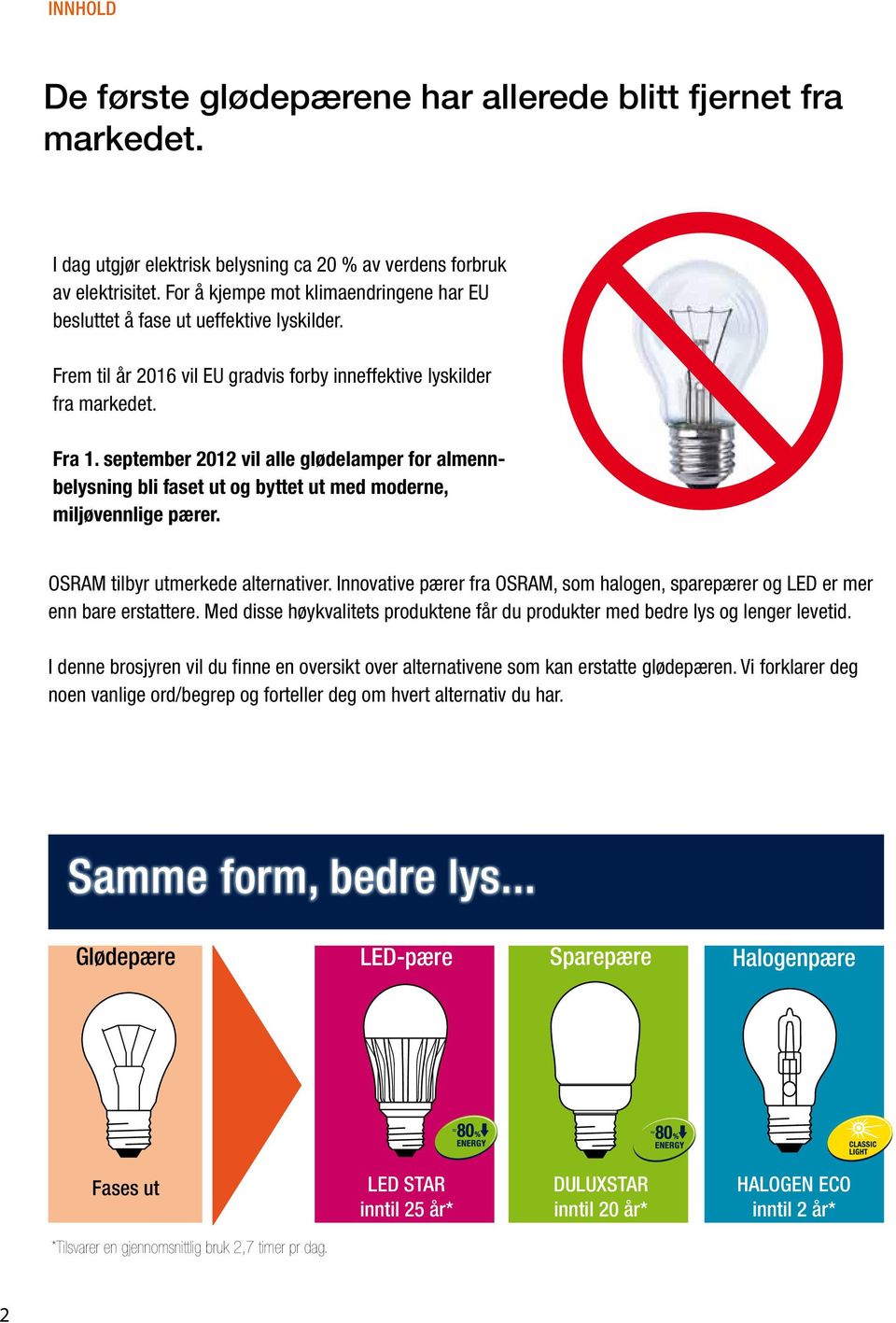 september 2012 vil alle glødelamper for almennbelysning bli faset ut og byttet ut med moderne, miljøvennlige pærer. OSRAM tilbyr utmerkede alternativer.