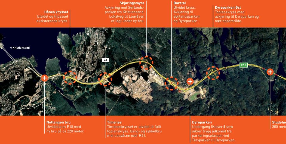 Dyreparken Øst Toplanskryss med avkjøring til Dyreparken og næringsområde. Kristiansand 41 Nottangen bru Utvidelse av E18 med ny bru på ca 220 meter.