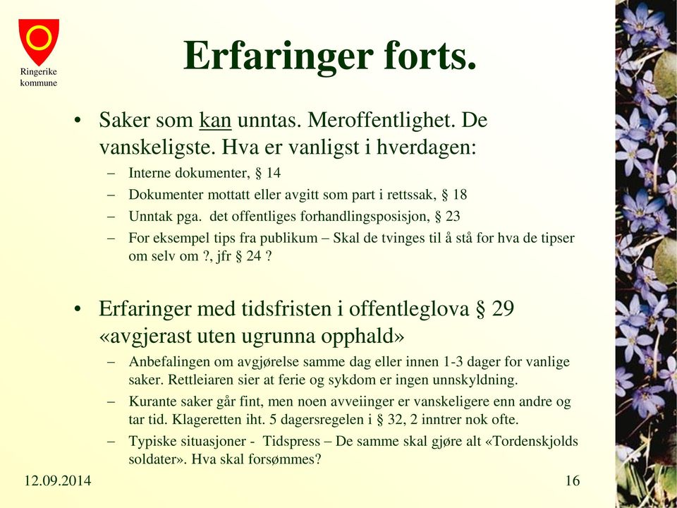 Erfaringer med tidsfristen i offentleglova 29 «avgjerast uten ugrunna opphald» Anbefalingen om avgjørelse samme dag eller innen 1-3 dager for vanlige saker.