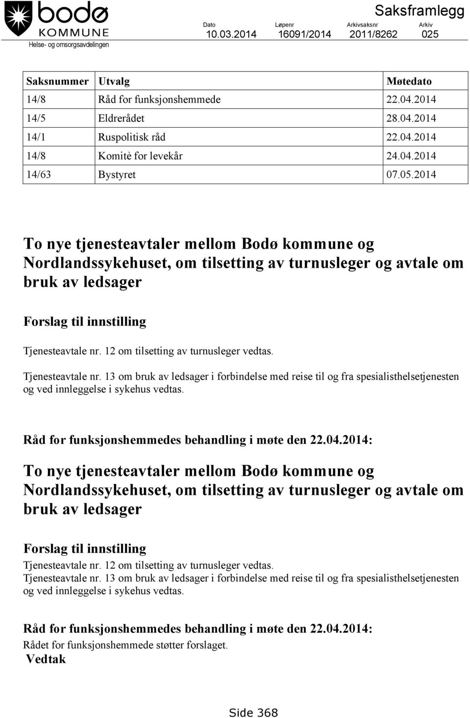 2014 To nye tjenesteavtaler mellom Bodø kommune og Nordlandssykehuset, om tilsetting av turnusleger og avtale om bruk av ledsager Forslag til innstilling Tjenesteavtale nr.