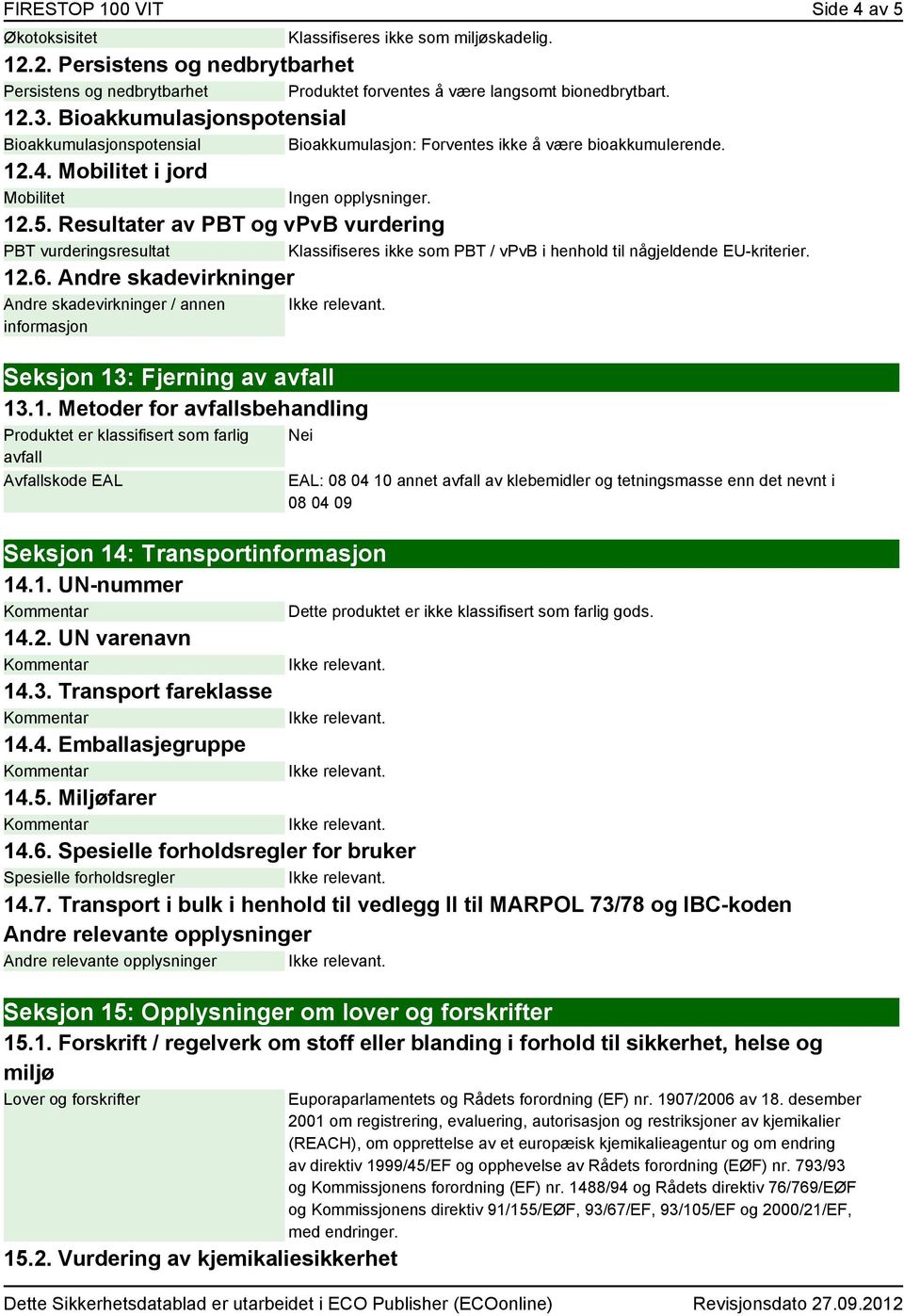 Resultater av PBT og vpvb vurdering PBT vurderingsresultat Klassifiseres ikke som PBT / vpvb i henhold til någjeldende EU-kriterier. 12.6.