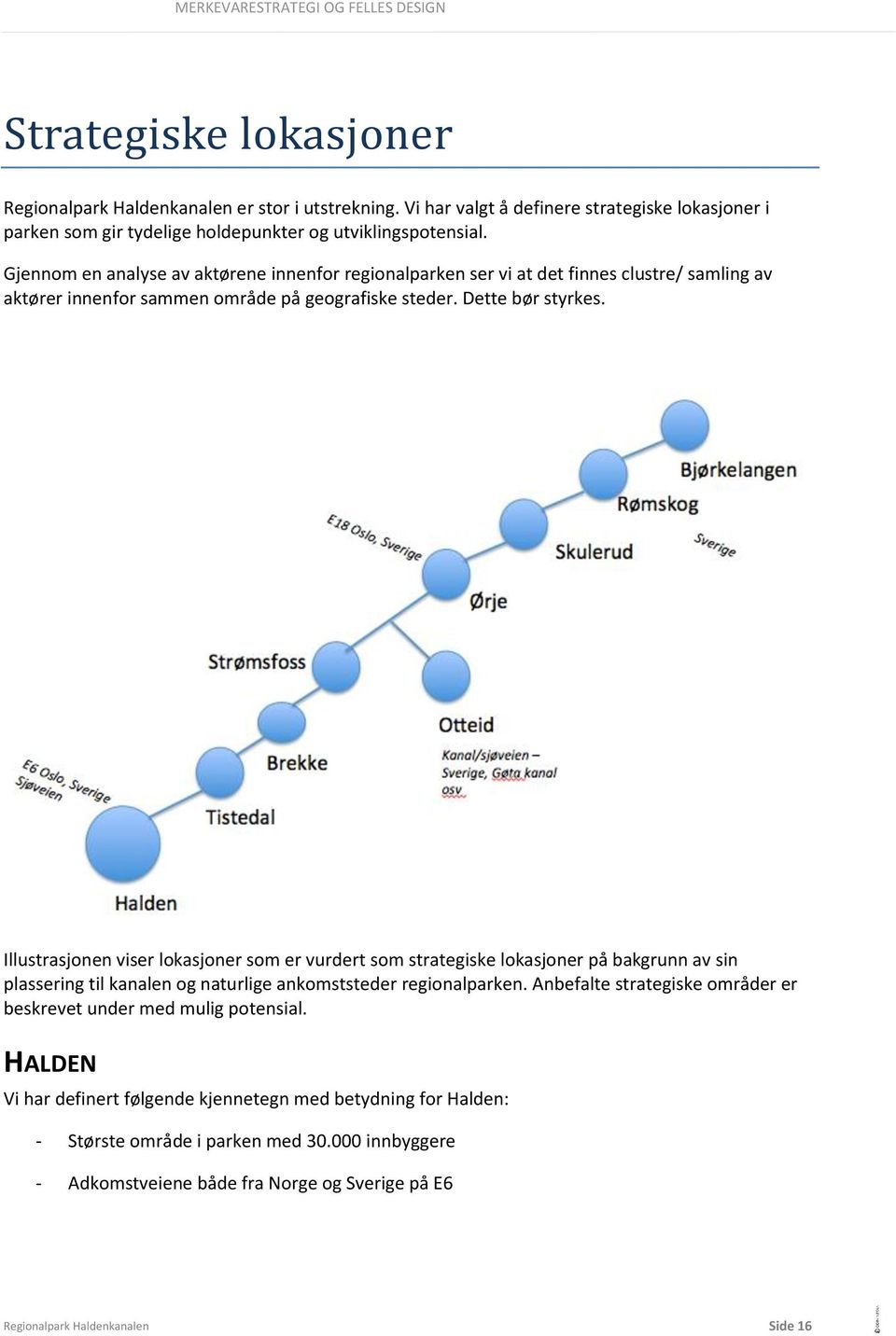 Illustrasjonen viser lokasjoner som er vurdert som strategiske lokasjoner på bakgrunn av sin plassering til kanalen og naturlige ankomststeder regionalparken.