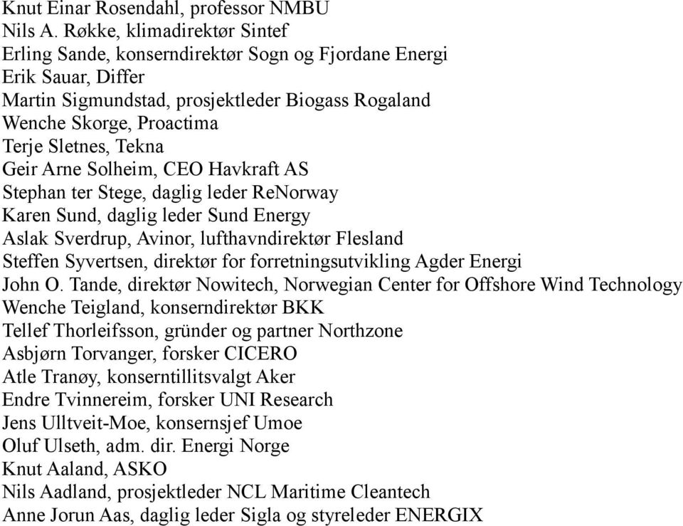 Geir Arne Solheim, CEO Havkraft AS Stephan ter Stege, daglig leder ReNorway Karen Sund, daglig leder Sund Energy Aslak Sverdrup, Avinor, lufthavndirektør Flesland Steffen Syvertsen, direktør for