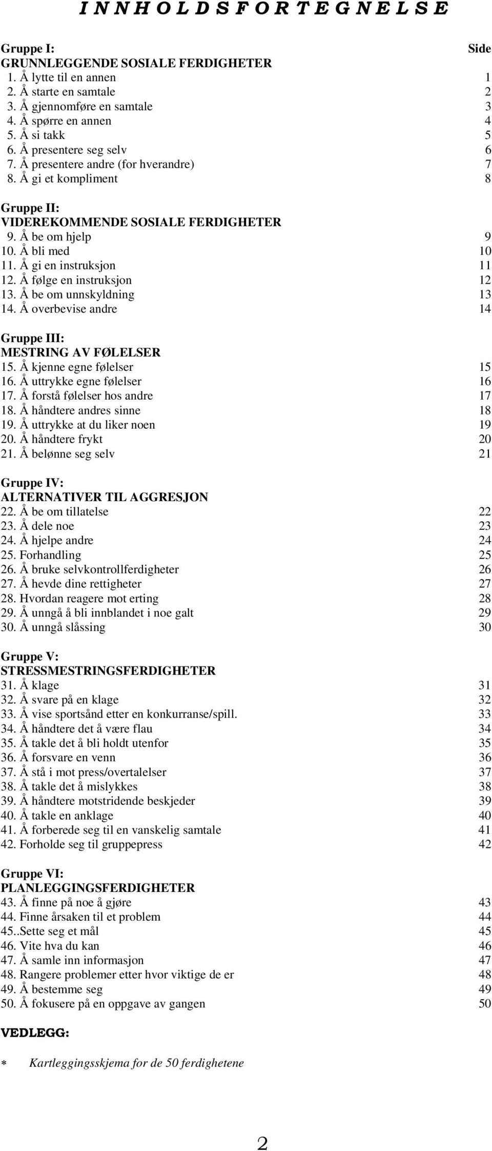 Å gi en instruksjon 11 12. Å følge en instruksjon 12 13. Å be om unnskyldning 13 14. Å overbevise andre 14 Gruppe III: MESTRING AV FØLELSER 15. Å kjenne egne følelser 15 16.