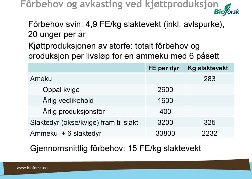 ammeku med 6 påsett FE per dyr Kg slaktevekt Ameku 283 Oppal kvige 2600 Årlig vedlikehold 1600 Årlig