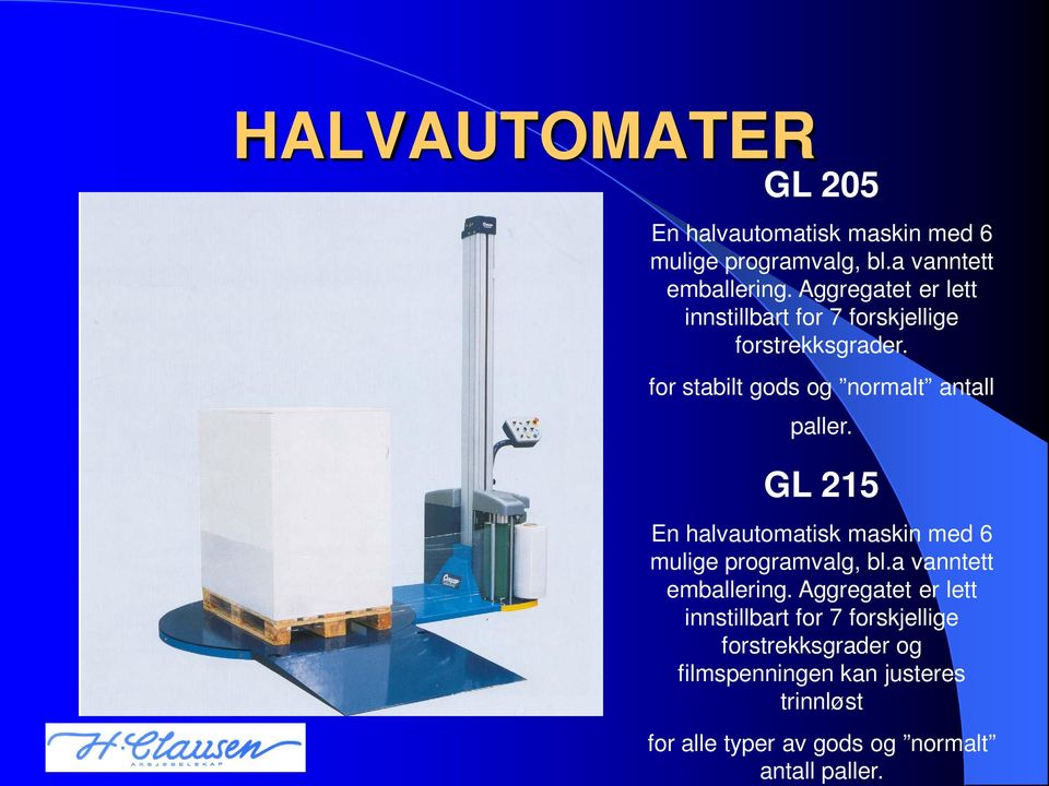 GL 215 En halvautomatisk maskin med 6 mulige programvalg, bl.a vanntett emballering.