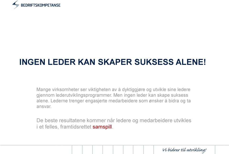 lederutviklingsprogrammer. Men ingen leder kan skape suksess alene.