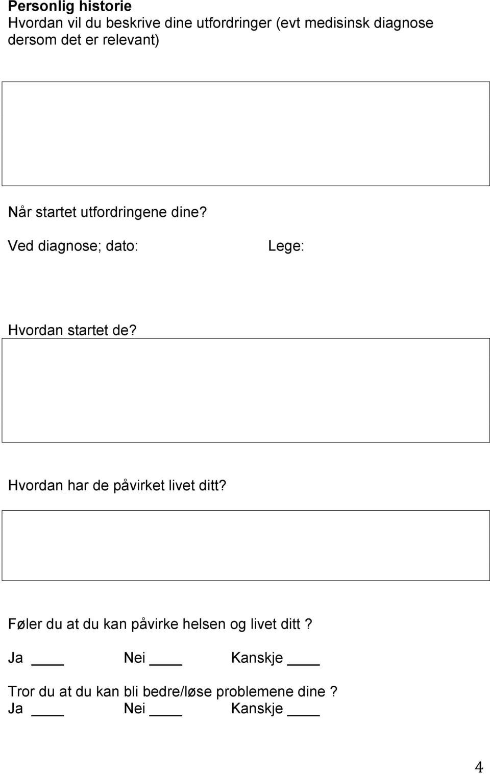 Ved diagnose; dato: Lege: Hvordan startet de? Hvordan har de påvirket livet ditt?