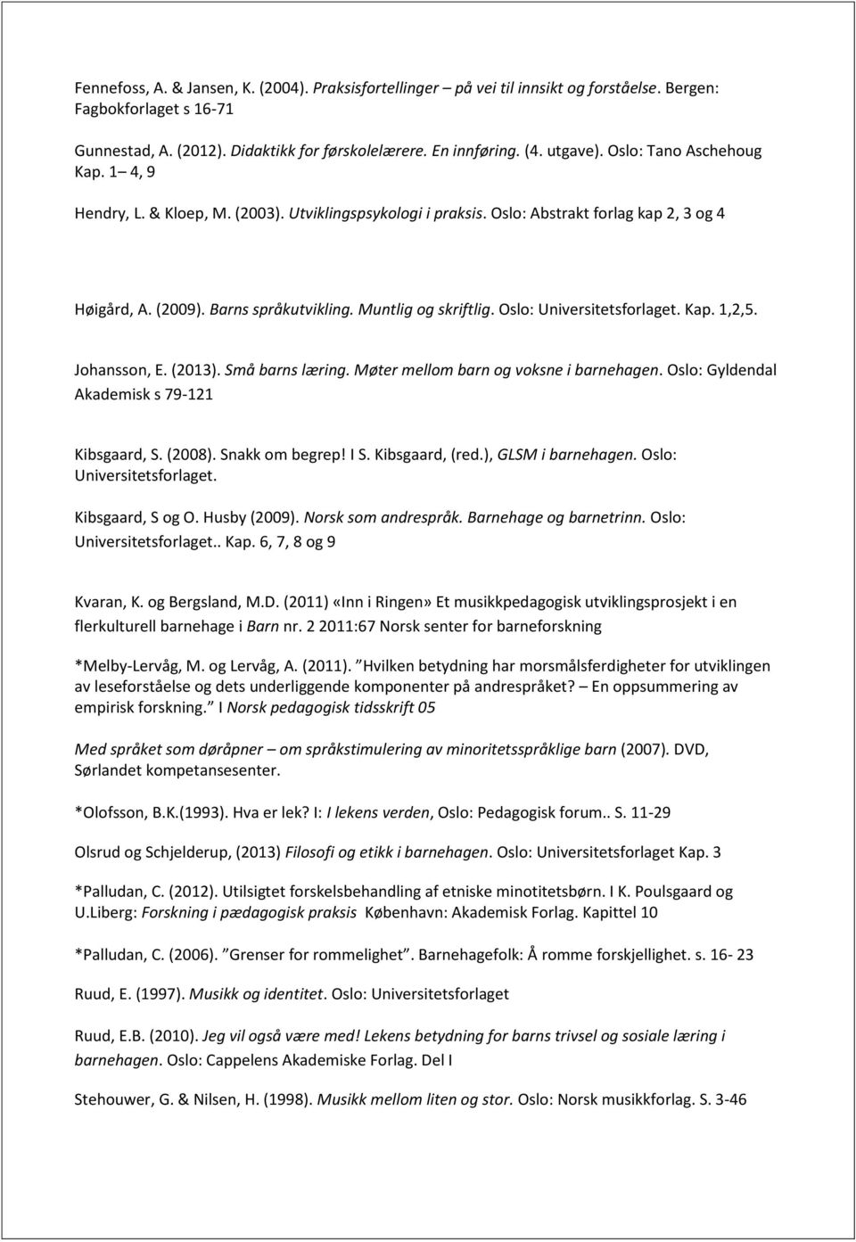Oslo: Universitetsforlaget. Kap. 1,2,5. Johansson, E. (2013). Små barns læring. Møter mellom barn og voksne i barnehagen. Oslo: Gyldendal Akademisk s 79-121 Kibsgaard, S. (2008). Snakk om begrep! I S.