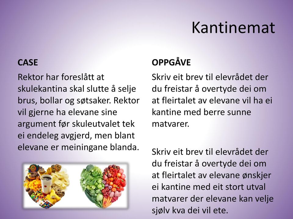 OPPGÅVE Skriv eit brev til elevrådet der du freistar å overtyde dei om at fleirtalet av elevane vil ha ei kantine med berre sunne