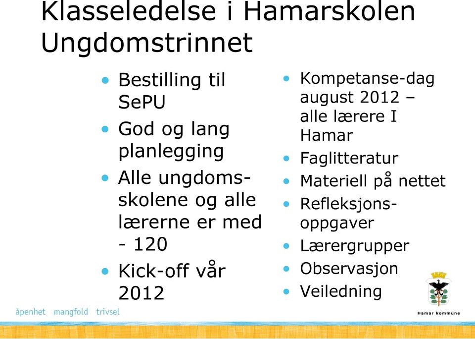 Kick-off vår 2012 Kompetanse-dag august 2012 alle lærere I Hamar