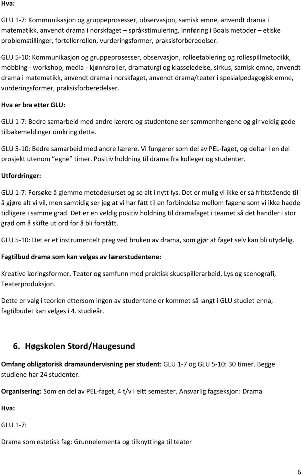 GLU 5-10: Kommunikasjon og gruppeprosesser, observasjon, rolleetablering og rollespillmetodikk, mobbing - workshop, media - kjønnsroller, dramaturgi og klasseledelse, sirkus, samisk emne, anvendt