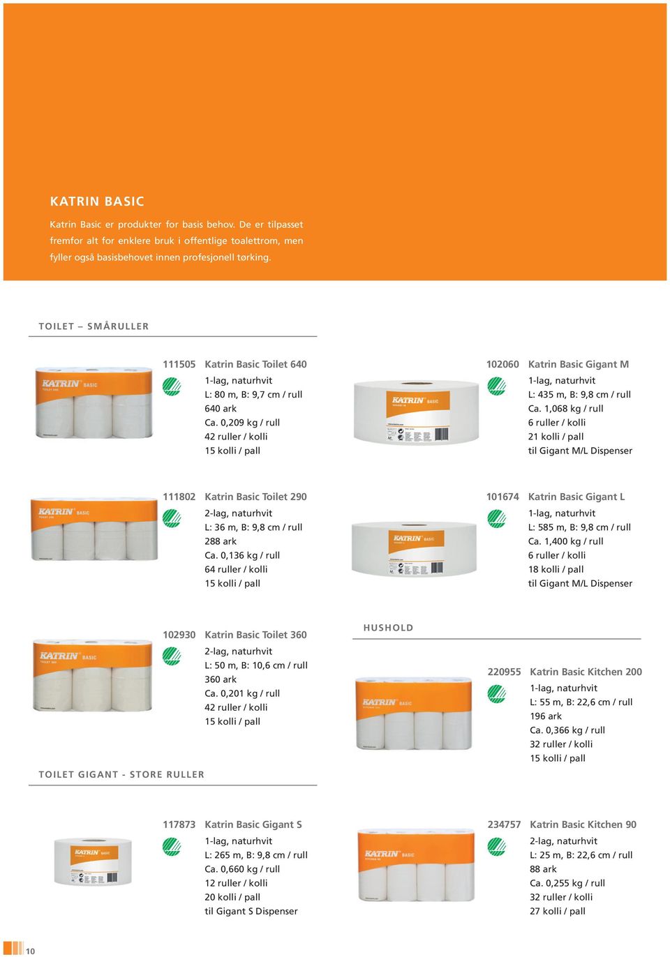 1,068 kg / rull 21 kolli / pall til Gigant M/L Dispenser 111802 Katrin Basic Toilet 290 2-lag, naturhvit L: 36 m, B: 9,8 cm / rull 288 ark Ca.