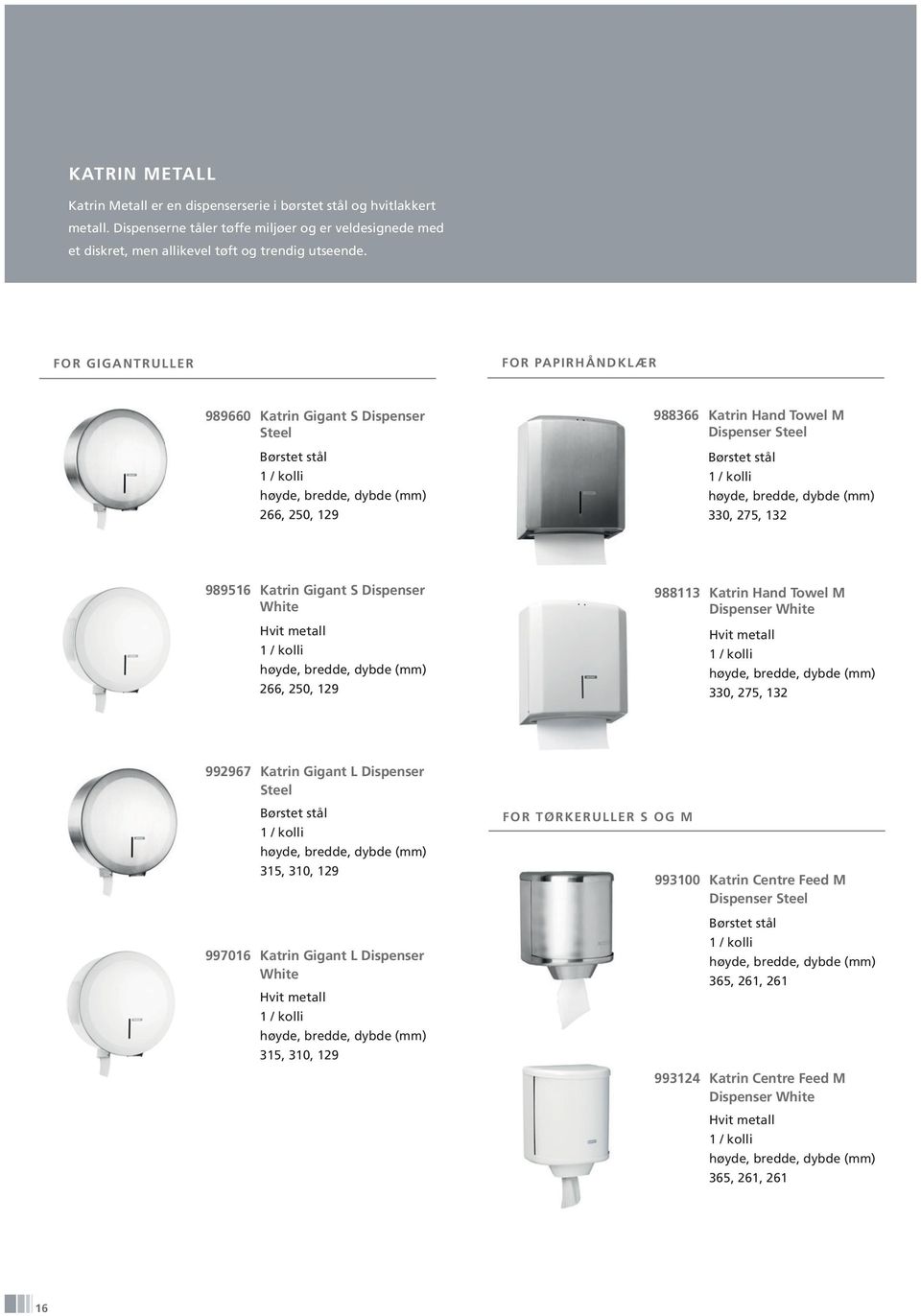 S Dispenser Hvit metall 266, 250, 129 988113 Katrin Hand Towel M Dispenser Hvit metall 330, 275, 132 992967 Katrin Gigant L Dispenser Steel Børstet stål 315, 310, 129 997016 Katrin Gigant L