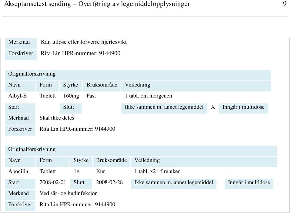 annet legemiddel X Inngår i multidose Merknad Skal ikke deles Forskriver Rita Lin HPR-nummer: 9144900 Originalforskrivning Navn Form Styrke Bruksområde Veiledning