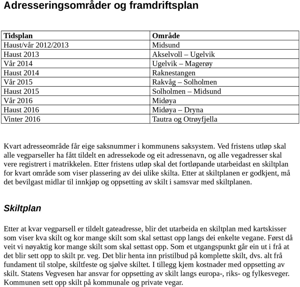 Ved fristens utløp skal alle vegparseller ha fått tildelt en adressekode og eit adressenavn, og alle vegadresser skal vere registrert i matrikkelen.