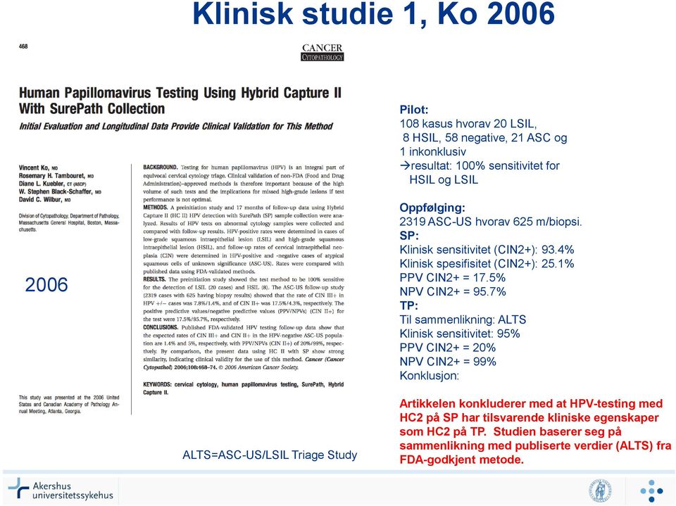 7% TP: Til sammenlikning: ALTS Klinisk sensitivitet: 95% PPV CIN2+ = 20% NPV CIN2+ = 99% Konklusjon: ALTS=ASC-US/LSIL Triage Study Artikkelen konkluderer med