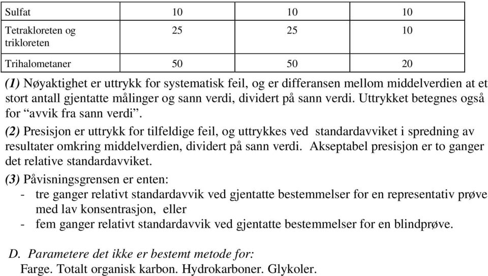 (2) Presisjon er uttrykk for tilfeldige feil, og uttrykkes ved standardavviket i spredning av resultater omkring middelverdien, dividert på sann verdi.