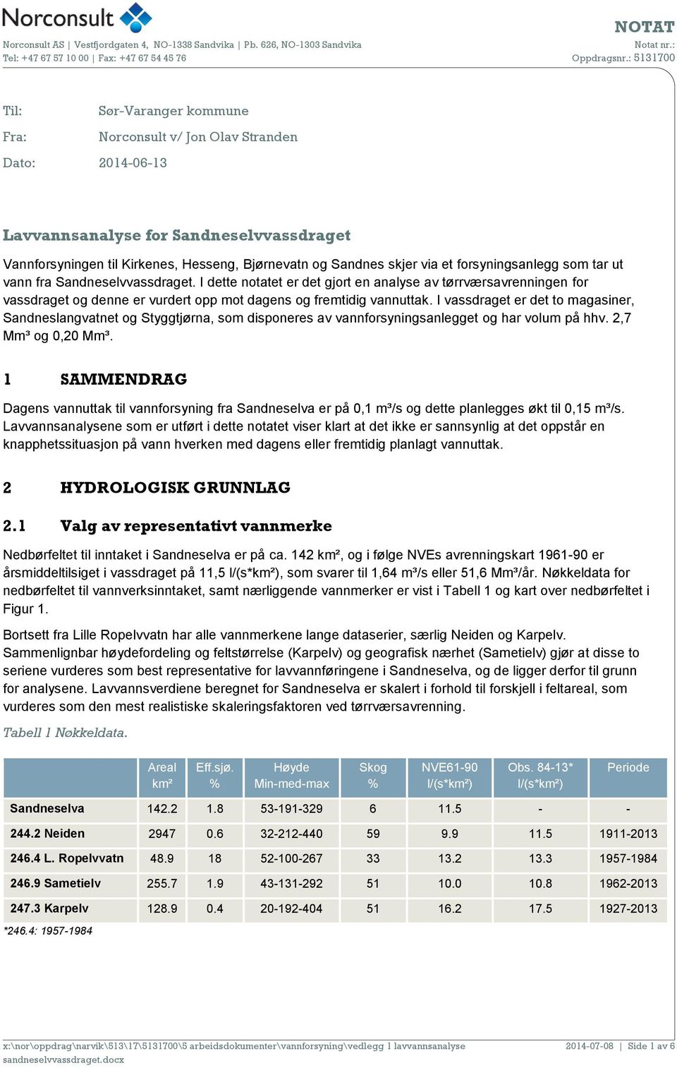 via et forsyningsanlegg som tar ut vann fra Sandneselvvassdraget.