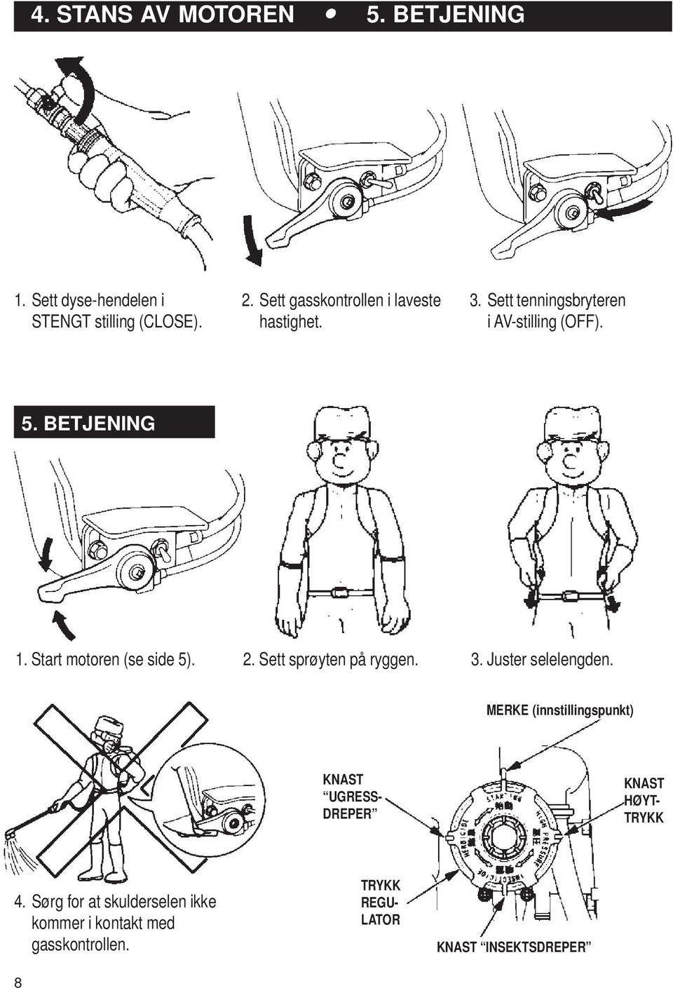 Start motoren (se side 5). 2. Sett sprøyten på ryggen. 3. Juster selelengden.