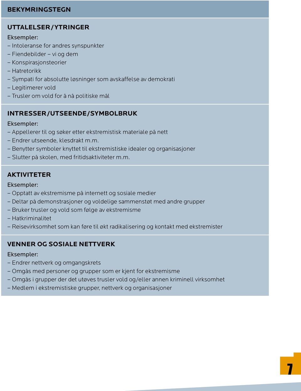 m. AKTIVITETER Eksempler: Opptatt av ekstremisme på internett og sosiale medier Deltar på demonstrasjoner og voldelige sammenstøt med andre grupper Bruker trusler og vold som følge av ekstremisme