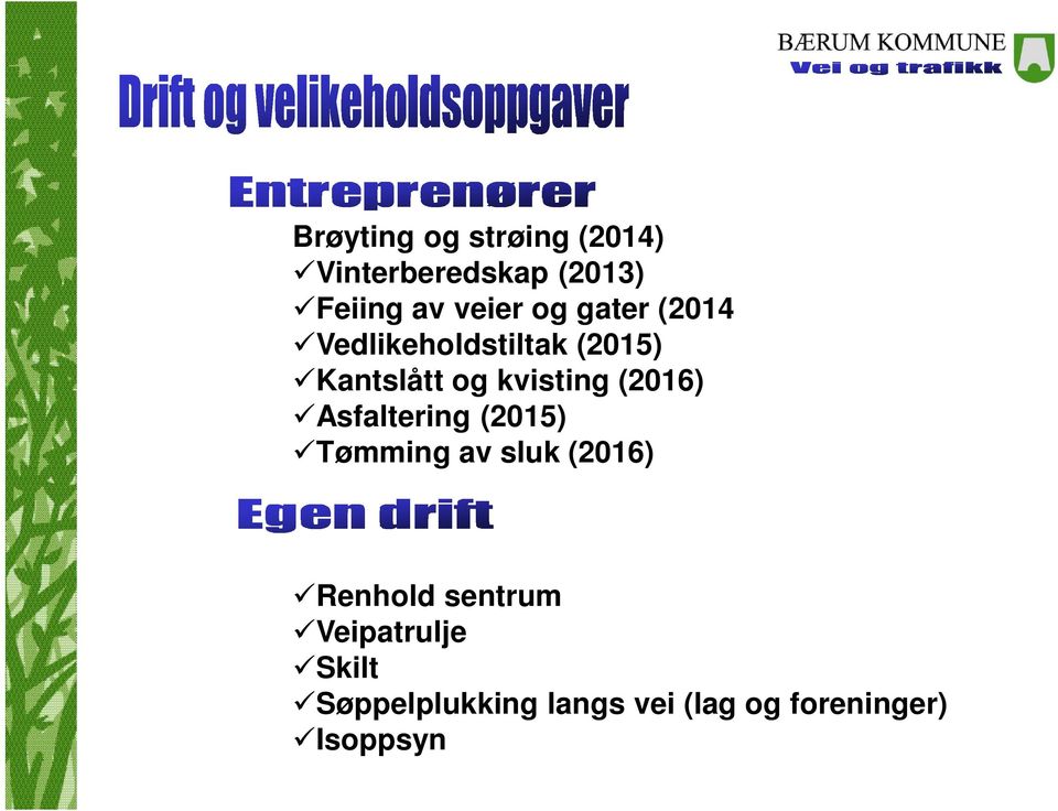 (2016) üasfaltering (2015) ütømming av sluk (2016) ürenhold sentrum