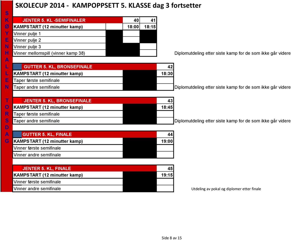 UTTR 5. K, BROFI 42 KMPTRT (12 minutter kamp) 18:30 Taper første semifinale Taper andre semifinale iplomutdeling etter siste kamp for de som ikke går videre T JTR 5.