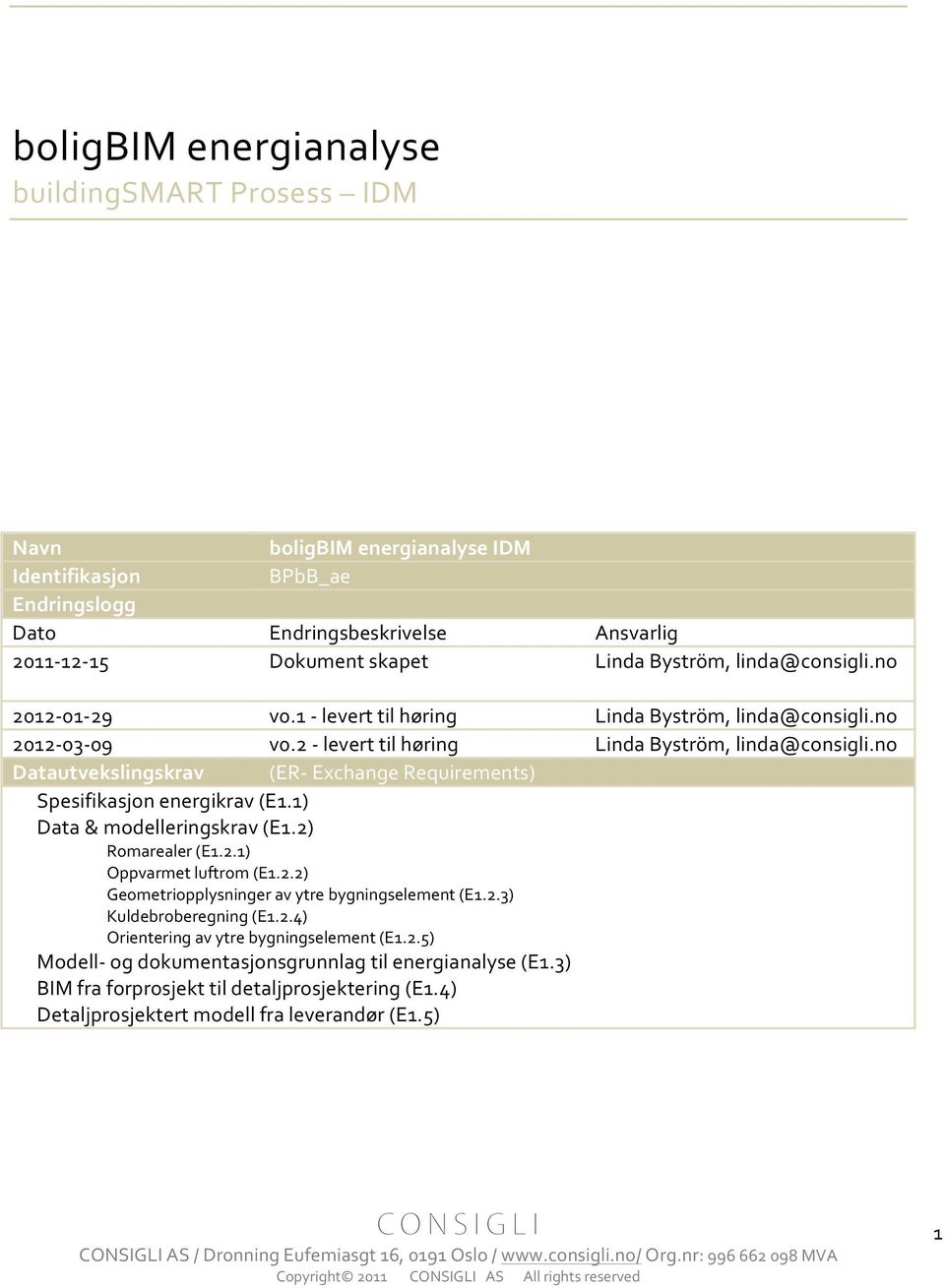 no Datautvekslingskrav (ER- Exchange Requirements) Spesifikasjon energikrav (E1.1) Data & modelleringskrav (E1.2) Romarealer (E1.2.1) Oppvarmet luftrom (E1.2.2) Geometriopplysninger av ytre bygningselement (E1.