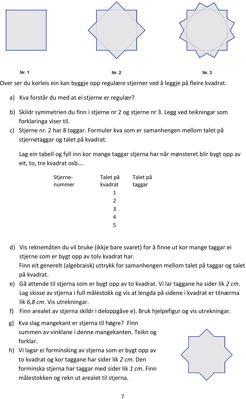 Lag ein tabell og fyll inn kor mange taggar stjerna har når mønsteret blir bygt opp av eit, to, tre kvadrat osb.