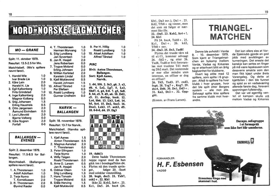 Forfall BALLANGEN.. EVENES Spilt: 2. desember 1979. Resultat: 11.5-8.5 for Bal langen. Matchtabell. (Ballangens spillere nevnt først). 1. A.Thorstensen Adolf Adolfsen 2. Terje Nymo T. Korneliussen 3.