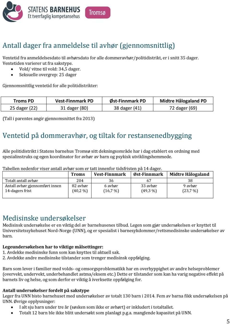 Seksuelle overgrep: 25 dager Gjennomsnittlig ventetid for alle politidistrikter: Troms PD Vest-Finnmark PD Øst-Finnmark PD Midtre Hålogaland PD 25 dager (22) 31 dager (80) 38 dager (41) 72 dager (69)