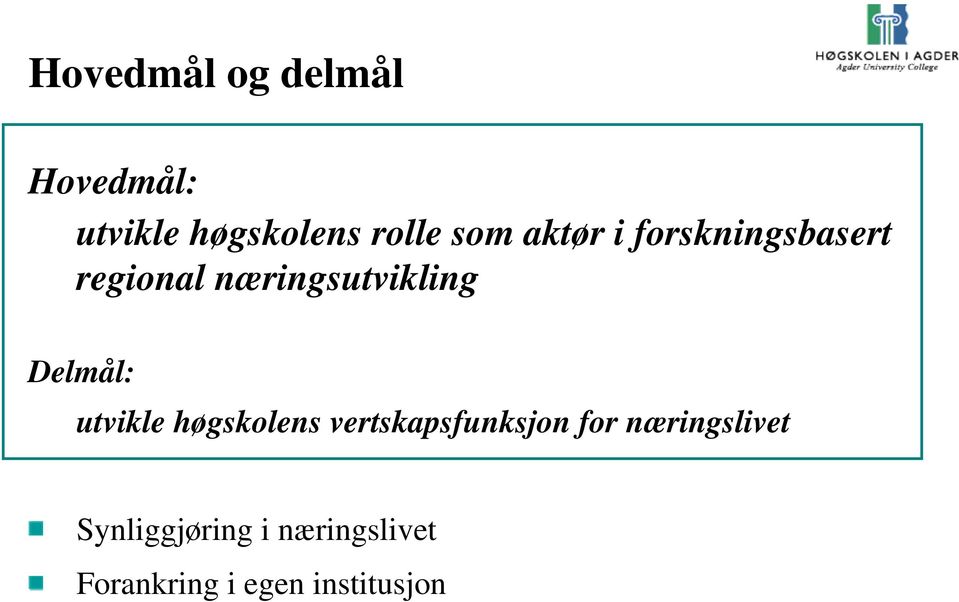 Delmål: utvikle høgskolens vertskapsfunksjon for