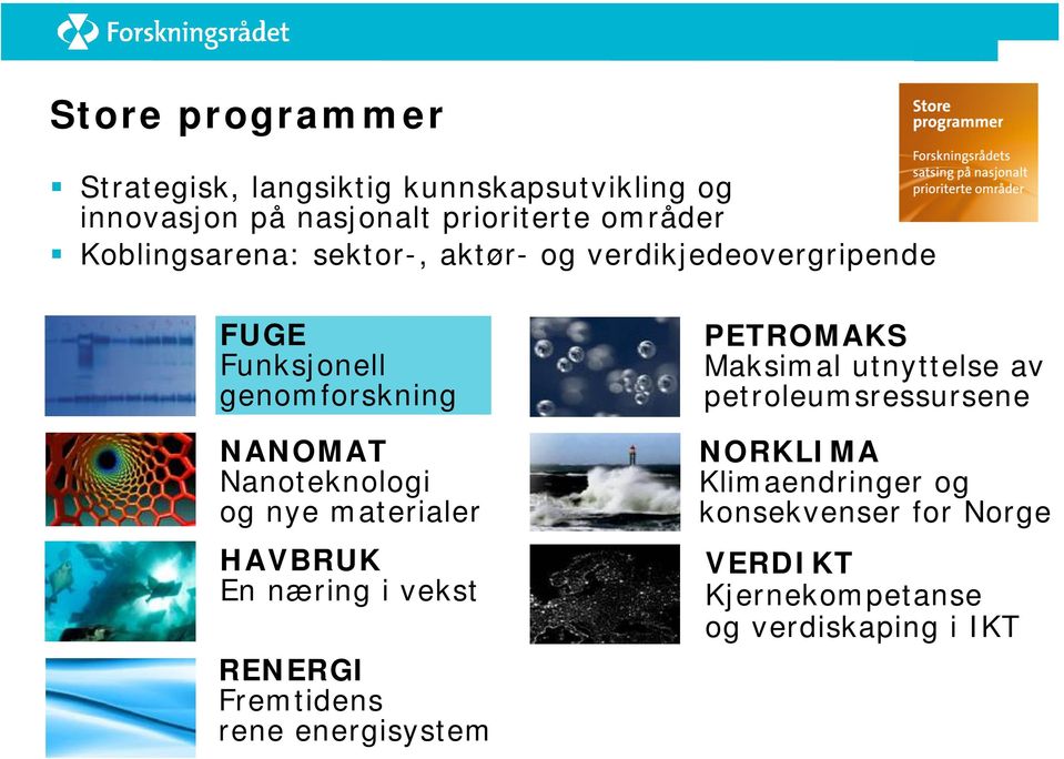 og nye materialer HAVBRUK En næring i vekst RENERGI Fremtidens rene energisystem PETROMAKS Maksimal utnyttelse