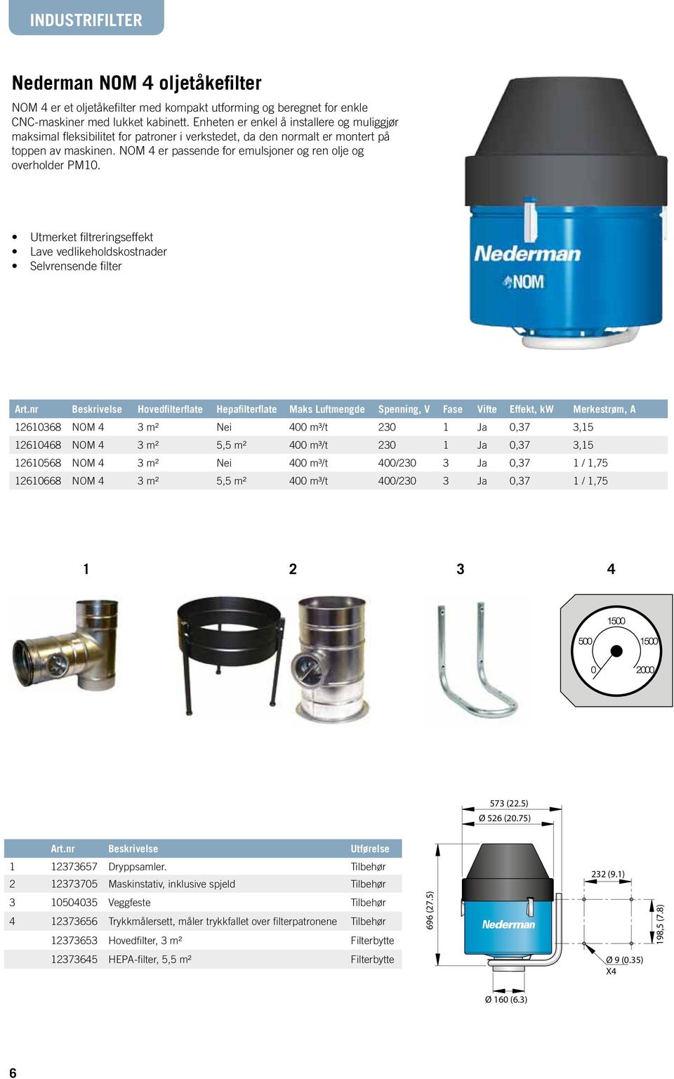 NOM 4 er passende for emulsjoner og ren olje og overholder PM10. Utmerket filtreringseffekt Lave vedlikeholdskostnader Selvrensende filter Art.