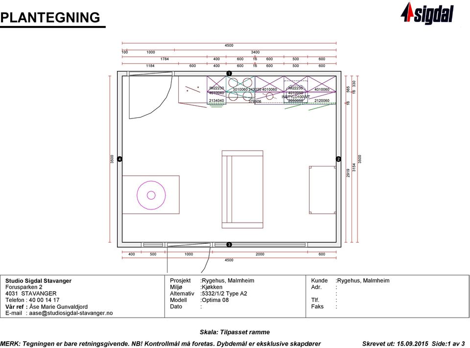 Gunvaldjord E-mail aase@studiosigdal-stavanger.no Prosjekt Rygehus, Malmheim Miljø Kjøkken Alternativ 5332/1/2 Type A2 Dato Tlf.