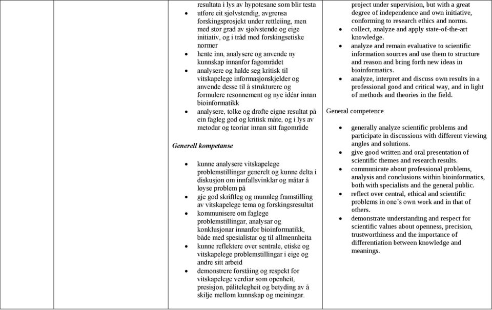 og nye idéar innan bioinformatikk analysere, tolke og drøfte eigne resultat på ein fagleg god og kritisk måte, og i lys av metodar og teoriar innan sitt fagområde Generell kompetanse kunne analysere