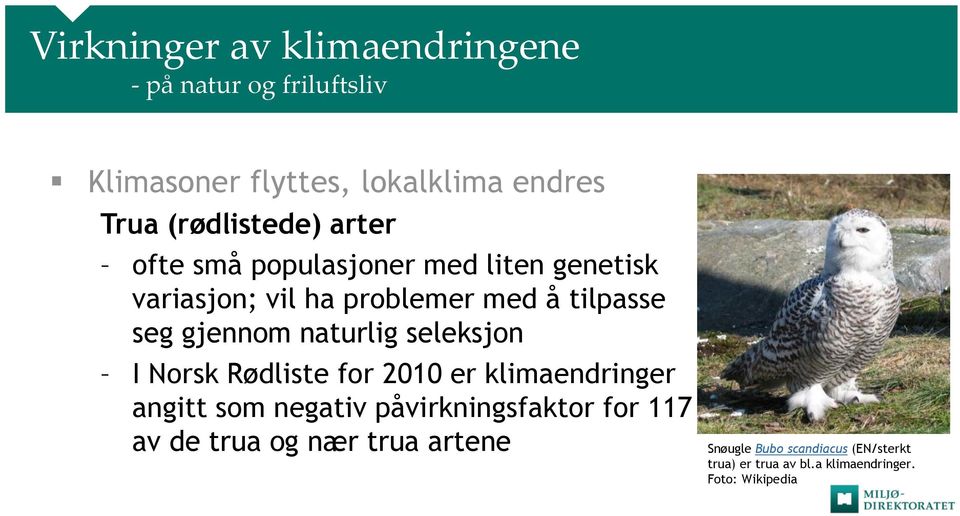 gjennom naturlig seleksjon I Norsk Rødliste for 2010 er klimaendringer angitt som negativ påvirkningsfaktor