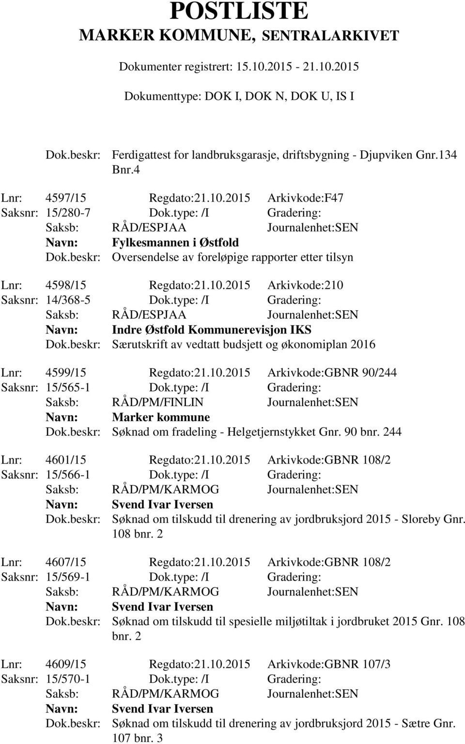 2015 Arkivkode:210 Saksnr: 14/368-5 Dok.type: /I Gradering: Saksb: RÅD/ESPJAA Journalenhet:SEN Indre Østfold Kommunerevisjon IKS Dok.