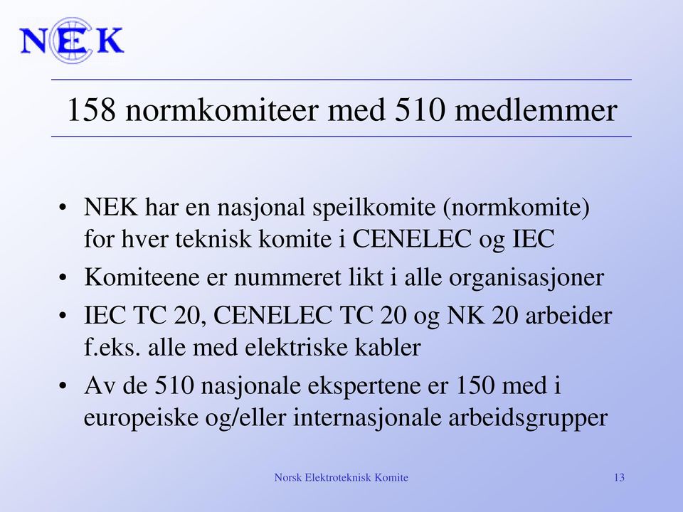 CENELEC TC 20 og NK 20 arbeider f.eks.