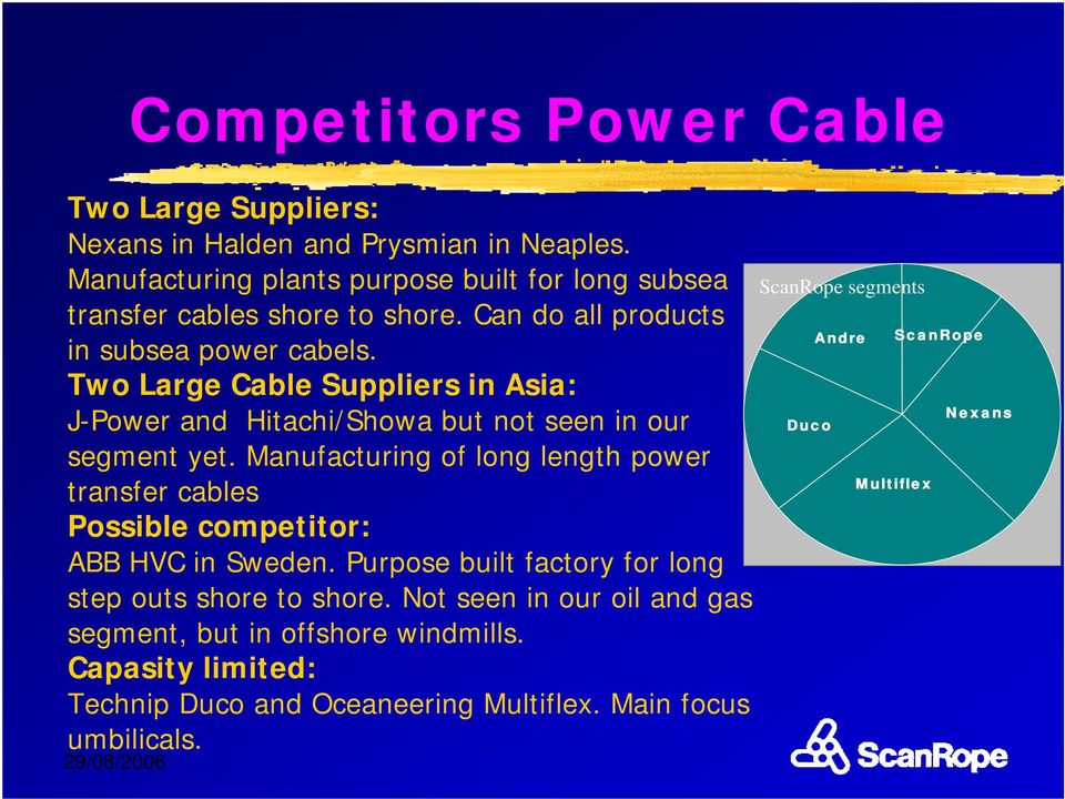 Two Large Cable Suppliers in Asia: J-Power and Hitachi/Showa but not seen in our segment yet.