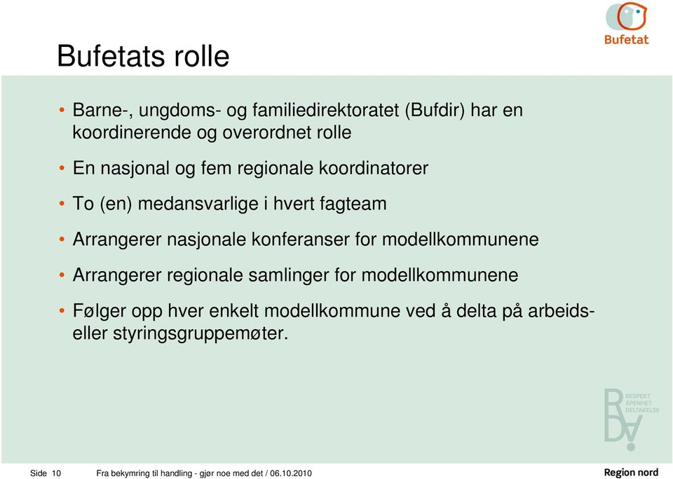 for modellkommunene Arrangerer regionale samlinger for modellkommunene Følger opp hver enkelt modellkommune