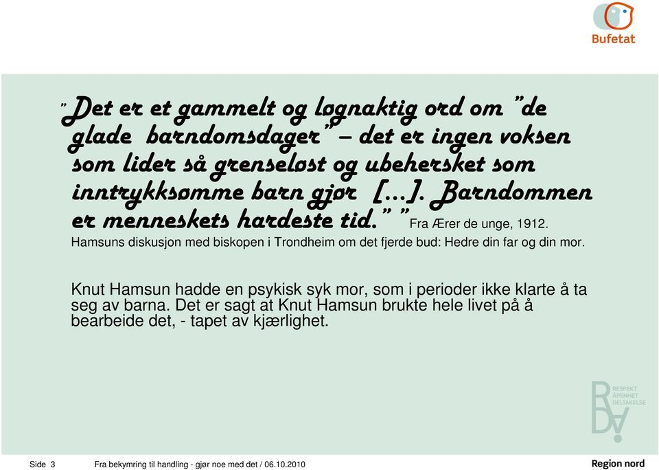 Hamsuns diskusjon med biskopen i Trondheim om det fjerde bud: Hedre din far og din mor.