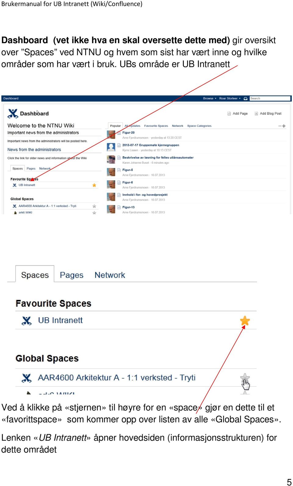 UBs område er UB Intranett Ved å klikke på «stjernen» til høyre for en «space» gjør en dette til et